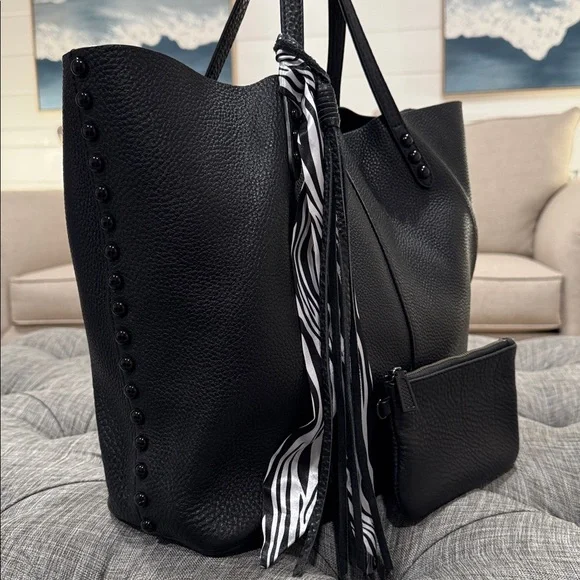 Rebecca Minkoff Black Studded Pebbled Leather Unlined Tote Wallet Set - Picture 3 of 17